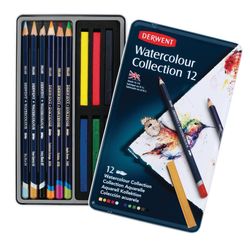 Caixa de coleção de metal aquarela Derwent de 24 peças - 6 bastões Inktense, 3 lápis Inktense e 3 lápis aquarela