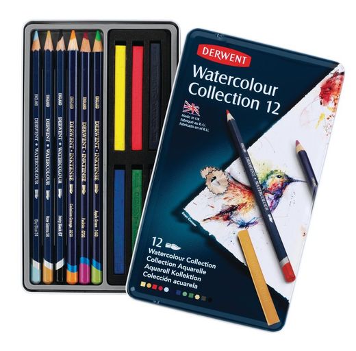 Caixa de coleção de metal aquarela Derwent de 24 peças - 6 bastões Inktense, 3 lápis Inktense e 3 lápis aquarela