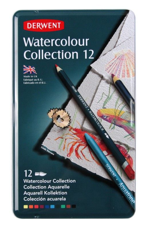 Caixa de coleção de metal aquarela Derwent de 24 peças - 6 bastões Inktense, 3 lápis Inktense e 3 lápis aquarela