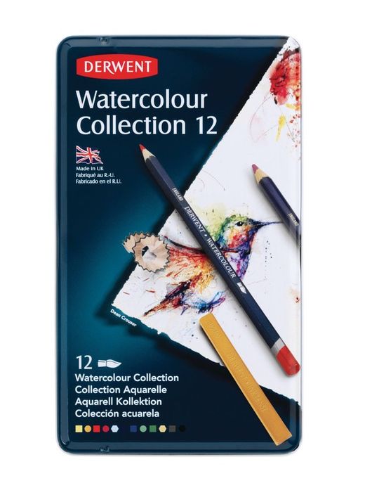 Caixa de coleção de metal aquarela Derwent de 24 peças - 6 bastões Inktense, 3 lápis Inktense e 3 lápis aquarela