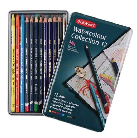 Caixa de coleção de metal aquarela Derwent de 24 peças - 6 bastões Inktense, 3 lápis Inktense e 3 lápis aquarela