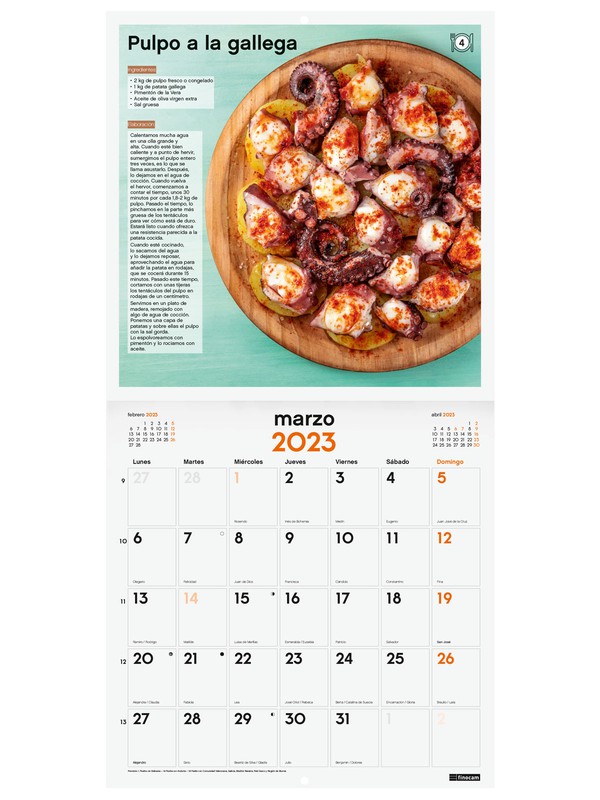 Calendario Finocam de pared con imágenes de RECETAS para escribir a mes  vista. 2023 — Cartabon