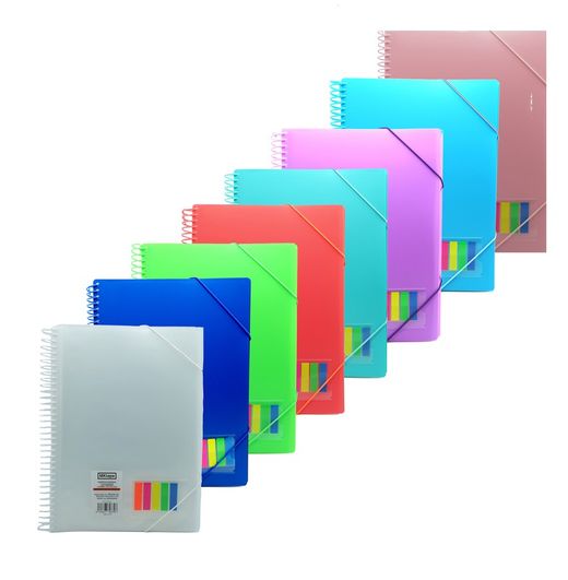 Pasta fólio com espiral e 30 capas de 0,9 mícron + bandeiras. 7 cores