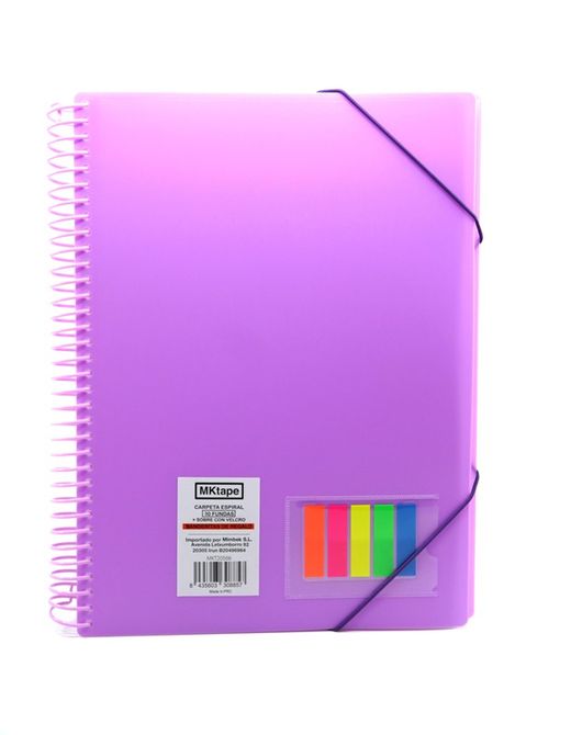 Carpeta folio con espiral y 30 fundas de 0,9 micras + banderitas. 7 colores