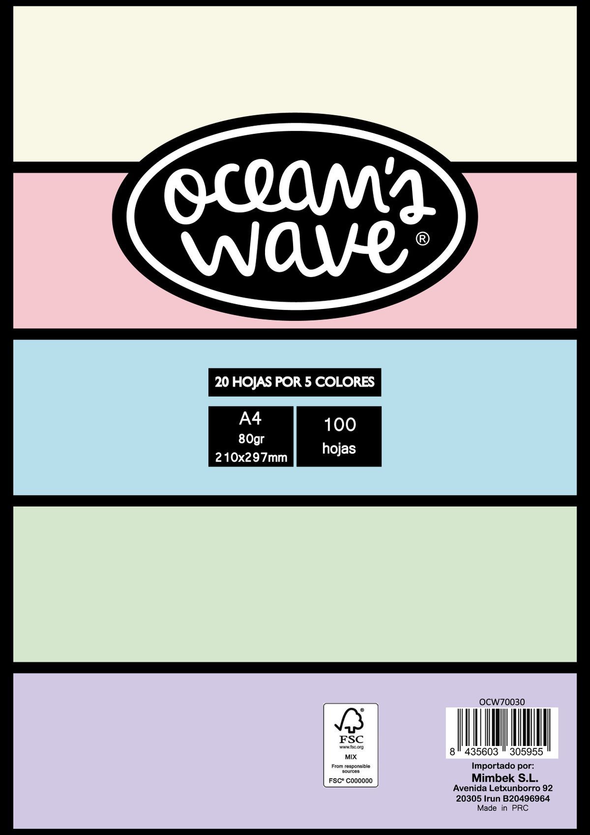 Paquete de 100 hojas 80gr. con 5 colores pastel. Ocean's Wave