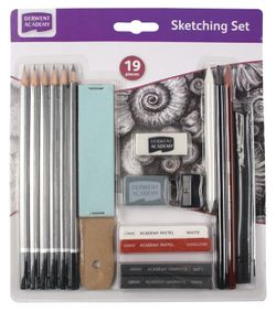 Kit de croquis (comprend 6 crayons, 2 graphites, 2 bâtons de dessin sans bois, 2 pastels, 2 fusains, 1 tampon de papier de verre, un taille-crayon, une gomme, une gomme tonale, 1 crayon papier pour adoucir les tons)