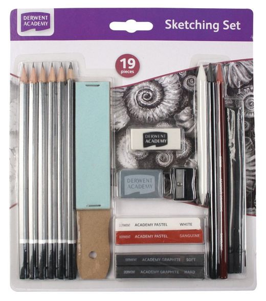 Kit de croquis (comprend 6 crayons, 2 graphites, 2 bâtons de dessin sans bois, 2 pastels, 2 fusains, 1 tampon de papier de verre, un taille-crayon, une gomme, une gomme tonale, 1 crayon papier pour adoucir les tons)