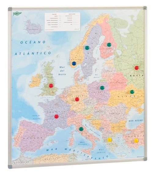 Tableau noir avec cartes d'Espagne, d'Europe et carte du monde avec cadre en aluminium