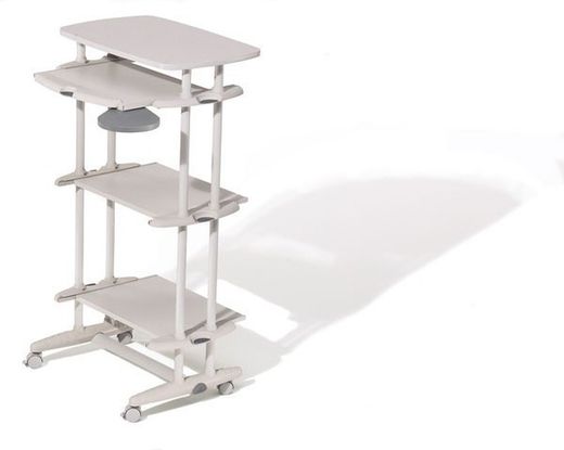Mesa lateral alta com prateleiras e rodas
