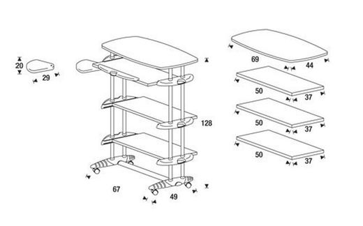 Mesa lateral alta com prateleiras e rodas