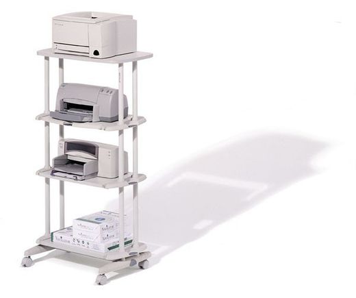 Mesa lateral alta com prateleiras e rodas