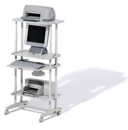 Mesa lateral alta com prateleiras e rodas