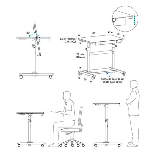 Mesa de trabajo ergonómica e inclinable. 2 acabados