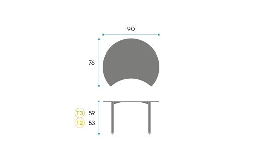 Mesa tipo eclipse KIDDY E. Diámetro de 90 cm. Dos tallas