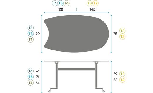 Mesa TWIST OVAL Rotulable. Dos tamaños y cinco tallas