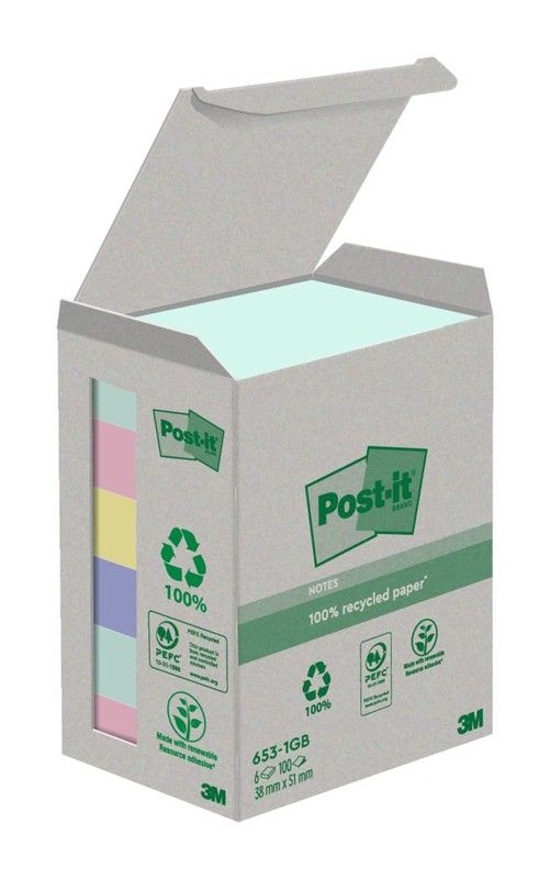 Pacote de 6 blocos 100 folhas Notas adesivas recicladas 38x51mm