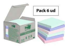 Pack 6 blocs 100 hojas Notas Recicladas adhesivas 76 x 76mm colores surtido pastel caja cartón 654-1GB