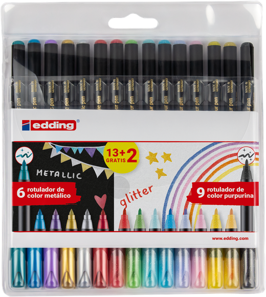 Pack Rotuladores edding 1200 13+2 Metálico/Glitter