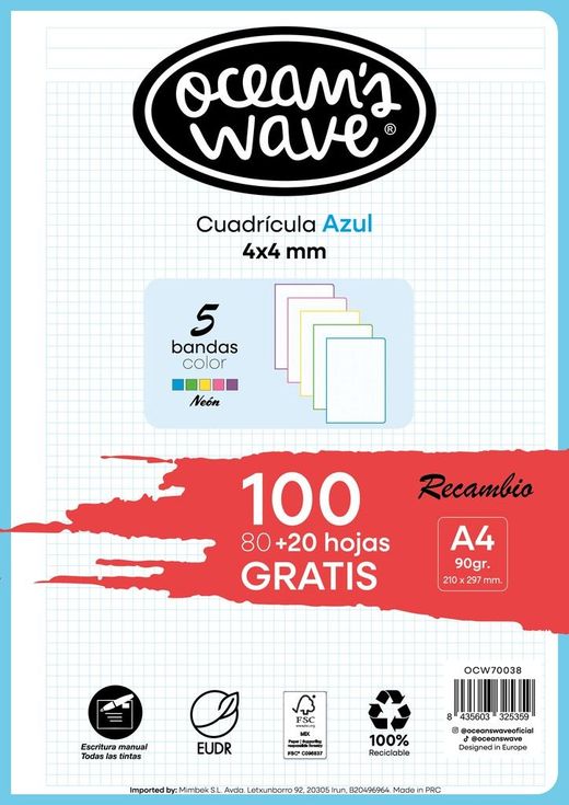 Recambio A4 80H+20H Gratis 90gr 4x4 5 Bandas De Color Neón by Ocean´s Wave