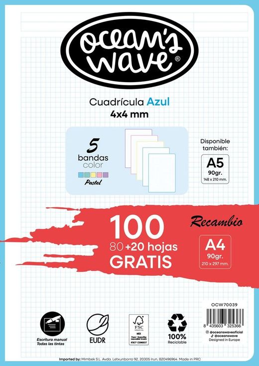 Recambio A4 80H+20H Gratis 90gr 4x4 5 Bandas De Color Pastel by Ocean´s Wave