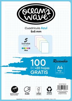 Recambio  A4 80H+20H Gratis 90gr 5x5 5 Bandas De Color Neón by Ocean´s Wave