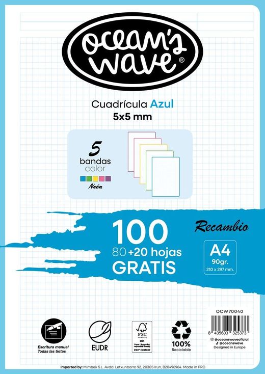 Recambio A4 80H+20H Gratis 90gr 5x5 5 Bandas De Color Neón by Ocean´s Wave
