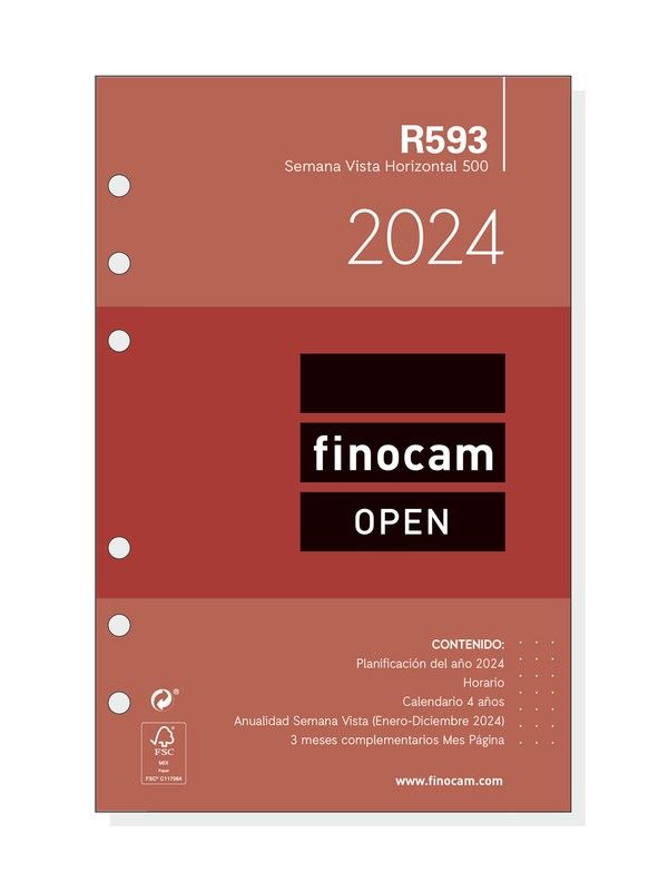 Recambio Agenda Finocam Open 2026 - 1 Día Página, Español, 12 Meses, 6 Taladros