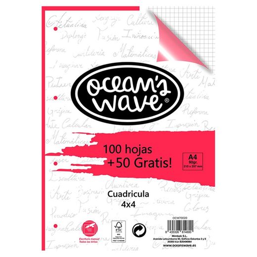 Recambio cuadriculado de 4 taladros de 100 hojas + 50 gratis. Ocean's Wave