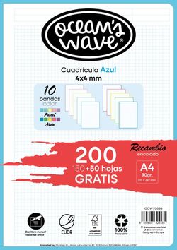 Recambio Encolado  A4 150H+50H Gratis 90gr 4x4 10 Bandas De Color by Ocean´s Wave