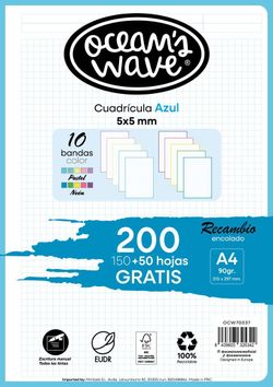 Recambio Encolado  A4 150H+50H Gratis 90gr 5x5 10 Bandas De Color by Ocean´s Wave