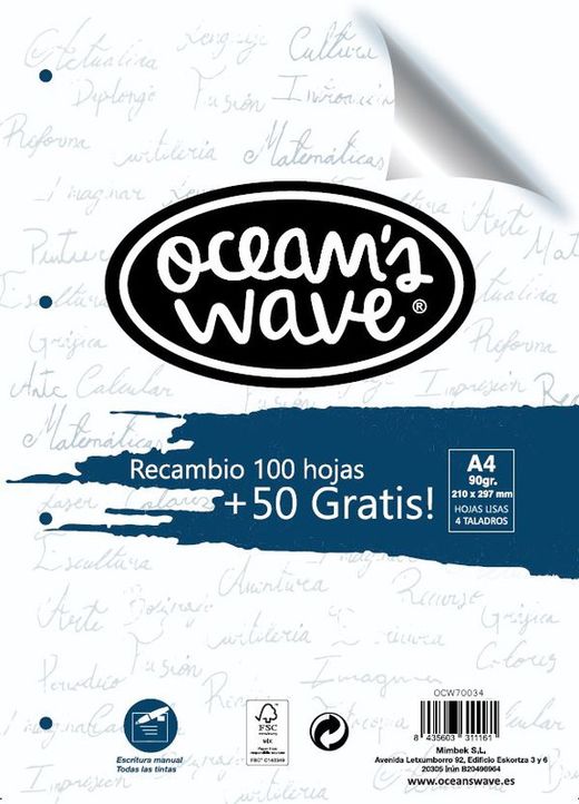 Substitution 4 feuilles unies 100+50 feuilles gratuites Ocean's Wave