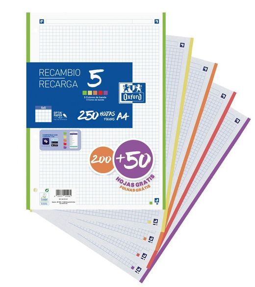 Recarga Oxford de 200 + 50 folhas. com faixas coloridas