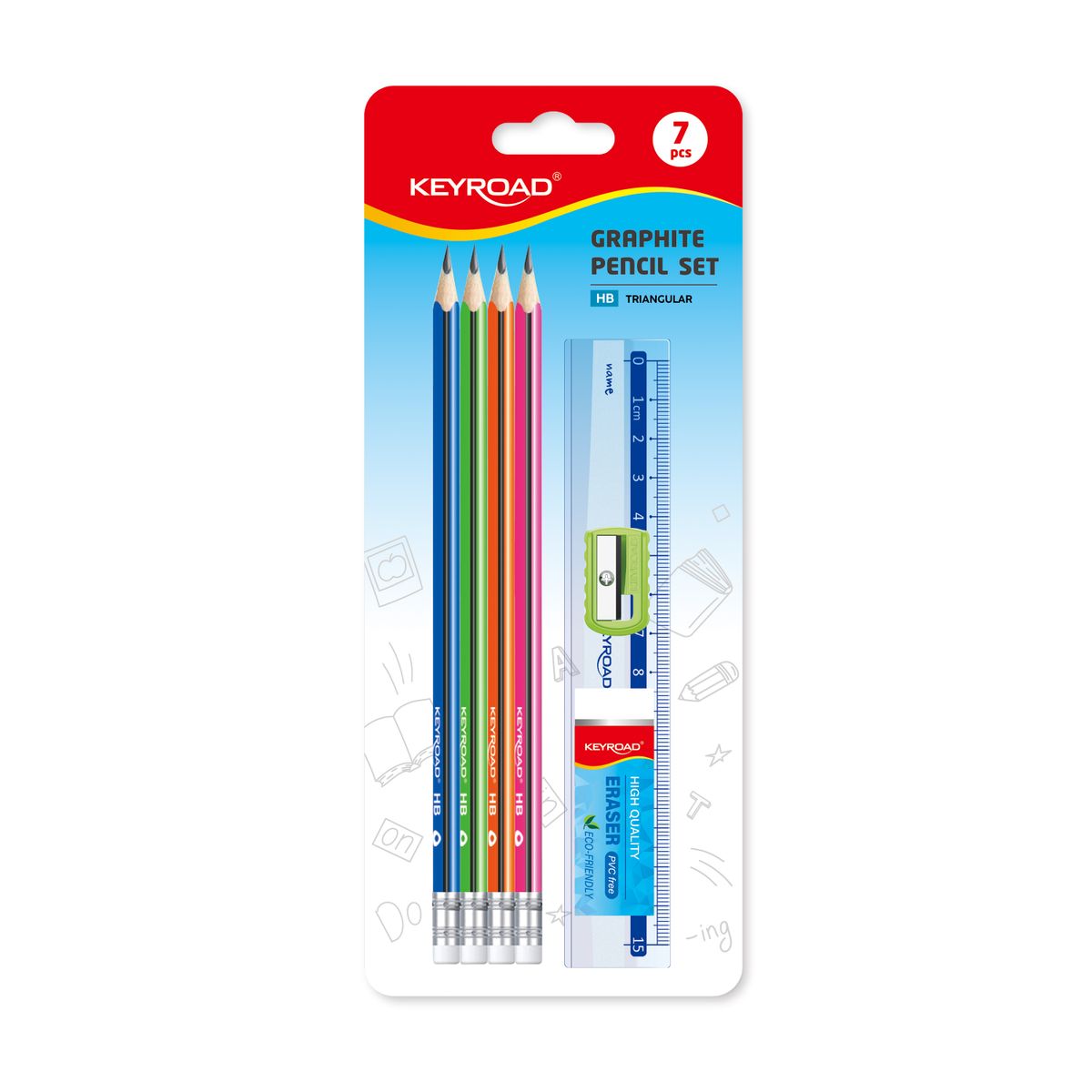 Set 4 lápices con goma + Sacapuntas + Goma + Regla