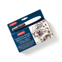 Conjunto de esboços de linha e lavagem - em caixa de metal (inclui 6 lápis de grafite, 2 lápis de desenho aquarela, 1 pincel de água, 1 borracha, 1 liquidificador, 1 apontador e uma borracha de plástico)