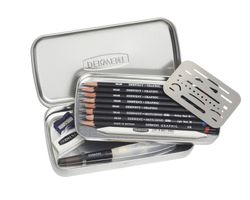 Conjunto de esboços de linha e lavagem - em caixa de metal (inclui 6 lápis de grafite, 2 lápis de desenho aquarela, 1 pincel de água, 1 borracha, 1 liquidificador, 1 apontador e uma borracha de plástico)