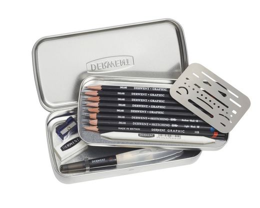 Conjunto de esboços de linha e lavagem - em caixa de metal (inclui 6 lápis de grafite, 2 lápis de desenho aquarela, 1 pincel de água, 1 borracha, 1 liquidificador, 1 apontador e uma borracha de plástico)
