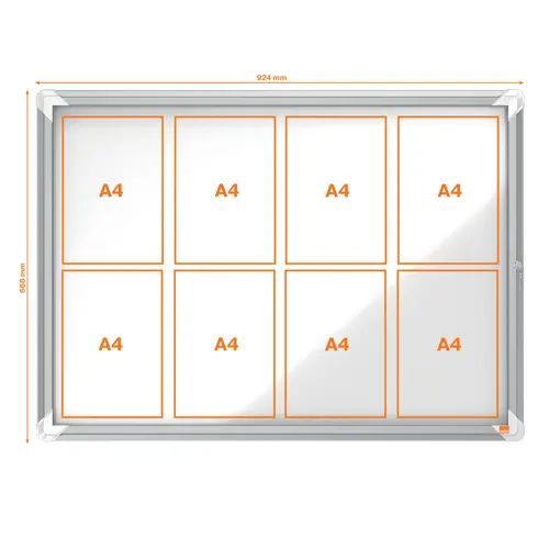 Vitrina de interior Nobo. Puerta batiente y superficie blanca magnética. Cuatro tamaños