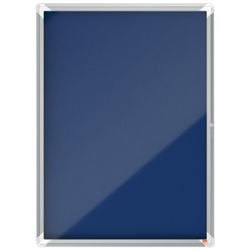 Vitrina de interior Nobo. Puerta batiente y superficie de tela azul o gris. Varios tamaños