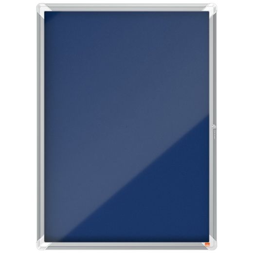 Vitrina de interior Nobo. Puerta batiente y superficie de tela azul o gris. Varios tamaños