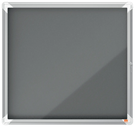 Vitrina de interior Nobo. Puerta batiente y superficie de tela azul o gris. Varios tamaños
