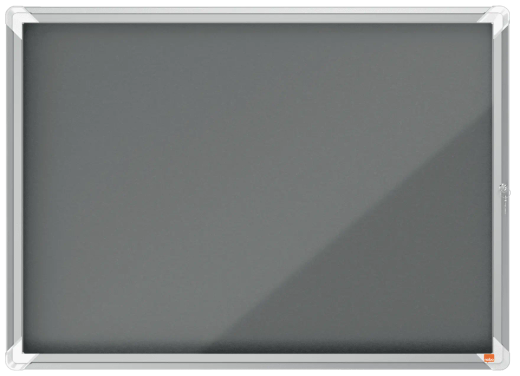 Vitrina de interior Nobo. Puerta batiente y superficie de tela azul o gris. Varios tamaños