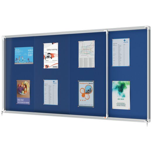 Vitrine interne Nobo. Porte courante et surface en tissu bleu. Deux tailles