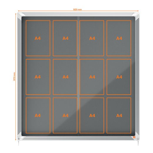 Vitrine interne Nobo. Porte courante et surface en tissu bleu. Deux tailles