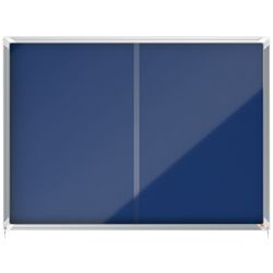 Vitrine interne Nobo. Porte courante et surface en tissu bleu. Deux tailles