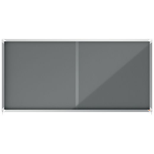 Vitrine interne Nobo. Porte courante et surface en tissu bleu. Deux tailles