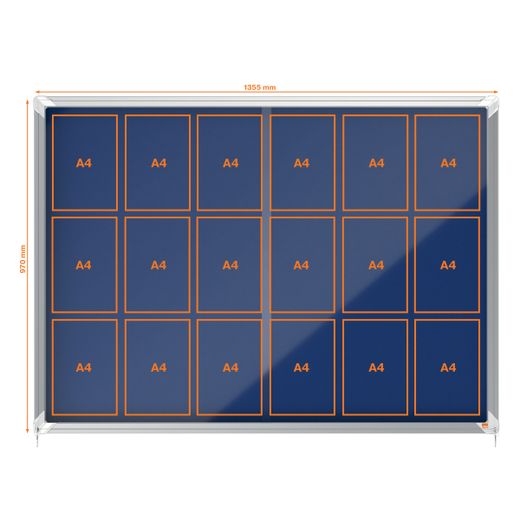 Vitrine interne Nobo. Porte courante et surface en tissu bleu. Deux tailles