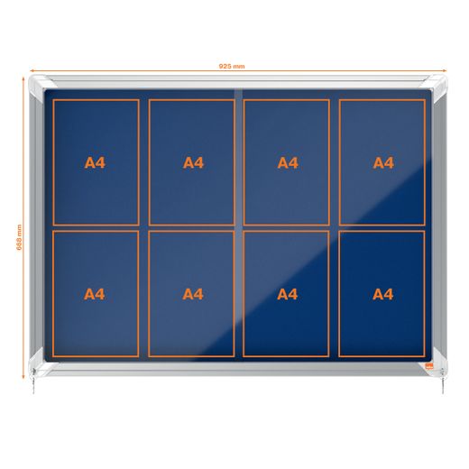 Vitrine interne Nobo. Porte courante et surface en tissu bleu. Deux tailles