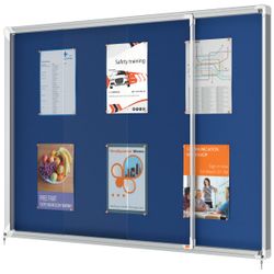 Vitrine interne Nobo. Porte courante et surface en tissu bleu. Deux tailles