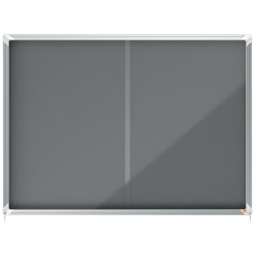 Vitrine interne Nobo. Porte courante et surface en tissu bleu. Deux tailles