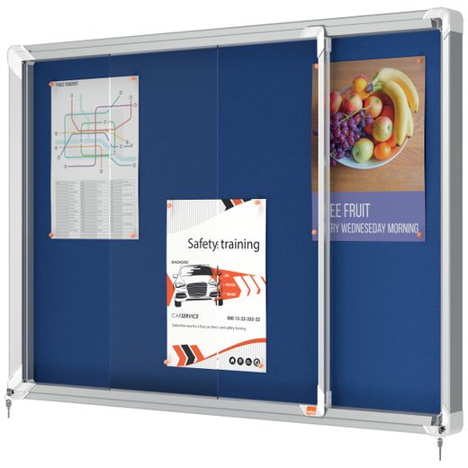 Vitrine interne Nobo. Porte courante et surface en tissu bleu. Deux tailles
